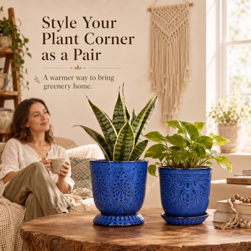 Gepege Ceramic Plant Pots, 6 Inch Indoor Planters with Drainage & Saucers - color: Blue, size: 6 Inch - Set of 2