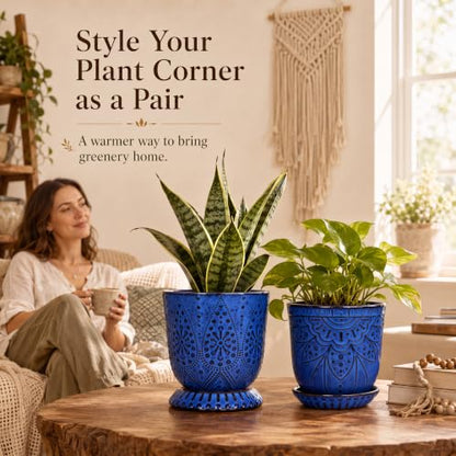 Gepege Ceramic Plant Pots, 6 Inch Indoor Planters with Drainage & Saucers - color: Blue, size: 6 Inch - Set of 2