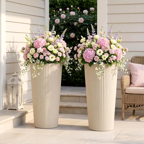 24" Tall Planters for Outdoor Plants with Insert, Set of 2 Cream - color: Beige-r