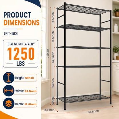 LEVELEVE 5-Tier Metal Storage Shelves, 33.1" x 12.6" x 72", Heavy Duty Utility Shelving Unit, Tall Rust-Resistant Organizer Rack for Garage, Pantry, Bathroom, Office, Black - color: Black-5t
