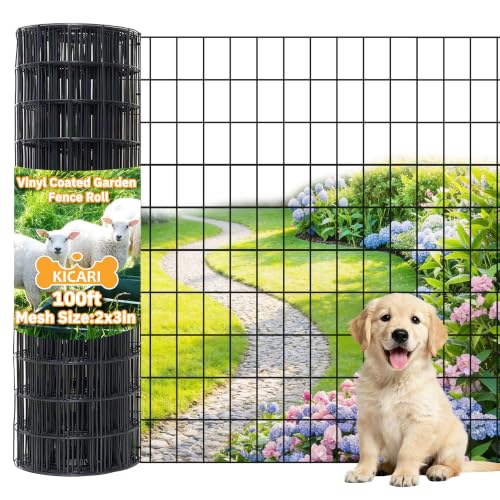 Black Metal Garden Fence, 24inch(H) x 100ft(L), 2 inch x 3 inch,14GA 2/3/4/5/6 Ft Tall Chicken Wire PVC Coated Welded Wire Mesh Roll for Dogs Border Yard Vegetable Plant Protection Poultry Netting - color: Black, size: 14GA 2x3 24"x100'