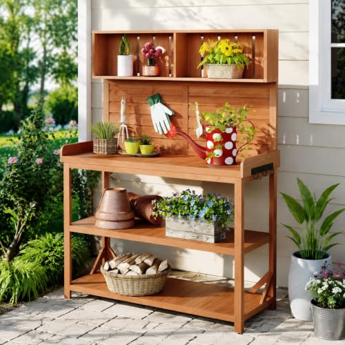 Garden Potting Bench, 65 Inch Wooden Patio Workstation with Storage (Natural) - color: Natural