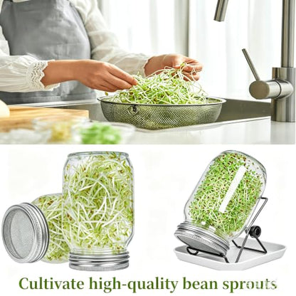 Lulonpon 4 Sprouting Jar Kit, Wide Mouth Quart Mason Jars with Stainless Steel Screen Sprout Lids, 86mm,1000ml,Stand,Tray and Canning Brush,Seed Sprouter Set for Growing Broccoli, Alfalfa, Mung Bean - color: White-NoCover4PTray