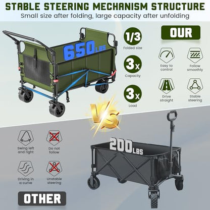 LEVELEVE Heavy Duty Folding Wagon - 2-in-1 Collapsible Cart, All-Terrain Wheels w/Brakes & Side Pockets (Army Green,650lb Capacity) - color: Army Green, size: Large