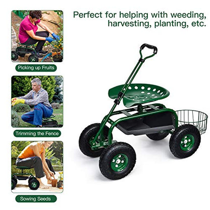 Rolling Garden Cart with Seat, Heavy Duty Gardening Scooter w/Wheels, Storage & Extendable Steering Handle, Garden Work Seat for Planting, Green