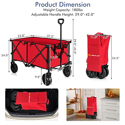 Goplus Collapsible Wagon, Folding Utility Wagon Cart w/Universal Wheels & Adjustable Handle & Cover Bag, Grocery Wagon for Garden Shopping Camping (Red) - color: Red