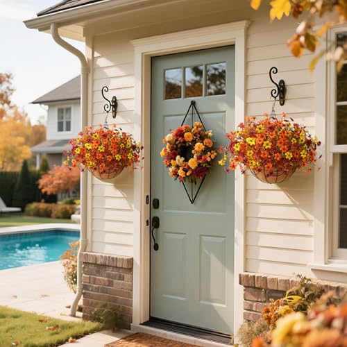 INQCMY Artificial Flowers for Outdoors Fall Hanging Baskets UV Resistant - color: K Orange Brown Yellow
