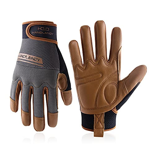 HANDLANDY Leather Work Gloves Mens & Women, Utility Safety Mechanic Working Gloves Touch Screen, Flexible Breathable Yard Work Gloves (Medium, Brown-Cowhide Palm) - color: Brown (1 Pair), size: Medium