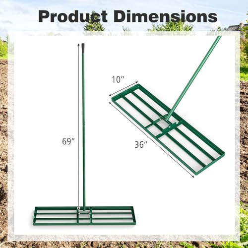 36" x 10" Lawn Leveling Rake, Heavy Duty Landscape Rake with 69" Handle, Non-Slip Grip & Flat Head, Space-Saving Lawn Level Tool for Garden, Backyard, Golf Course & Sports Field (Green) - color: Green