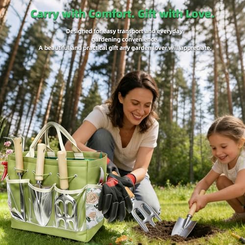 Garden Tools Set, 9-Piece Heavy Duty Gardening Tools with Clear Pocket Tote Bag, Stainless Steel Garden Hand Tools for Digging, Planting, Weeding and Pruning, Durable Gardening Kit - style: Green
