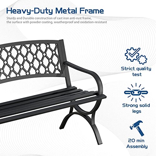 Outdoor Bench Garden Benchs, Weatherproof Anti-Rust Heavy-Duty Outside Bench Clearance, Wrought Iron Metal Bench for Front Porch, Patio, Park, Ergonomic Backrest, Slatted Seat - style: Quadrilateral