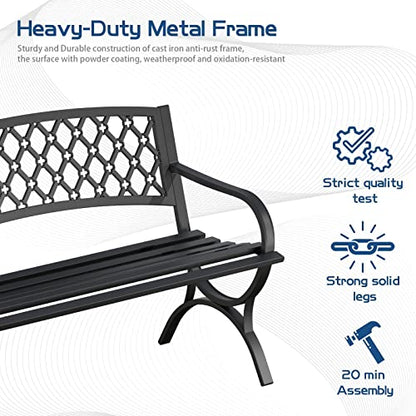 Outdoor Bench Garden Benchs, Weatherproof Anti-Rust Heavy-Duty Outside Bench Clearance, Wrought Iron Metal Bench for Front Porch, Patio, Park, Ergonomic Backrest, Slatted Seat - style: Quadrilateral