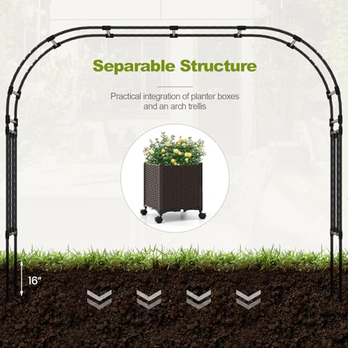 BECOMFORT 80”H Garden Arch Trellis with with 2 Self-Watering Planter Box, PE-Coated Metal Arbor with Lockable Wheels for Climbing Plants Outdoor Wedding Garden Party Backdrop & Flower Support - size: 113“Lx16"Wx80”H