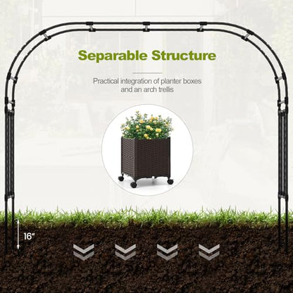 BECOMFORT 80”H Garden Arch Trellis with with 2 Self-Watering Planter Box, PE-Coated Metal Arbor with Lockable Wheels for Climbing Plants Outdoor Wedding Garden Party Backdrop & Flower Support - size: 113“Lx16"Wx80”H