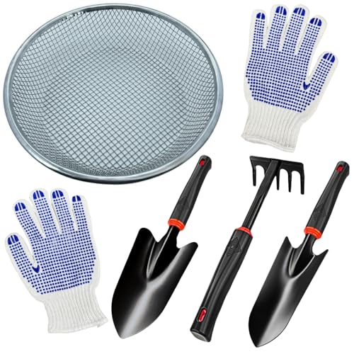 Garden Tool Set, Includes 6 mm Mesh Gardening Sifter, Trowel, Transplanter, and Cultivator for Outdoor Gardening, Ergonomic Yard Tool Kit