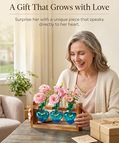 Nacome Plant Terrarium with Wooden Stand, 3 Heart Bulb Glass Vases - color: Blue