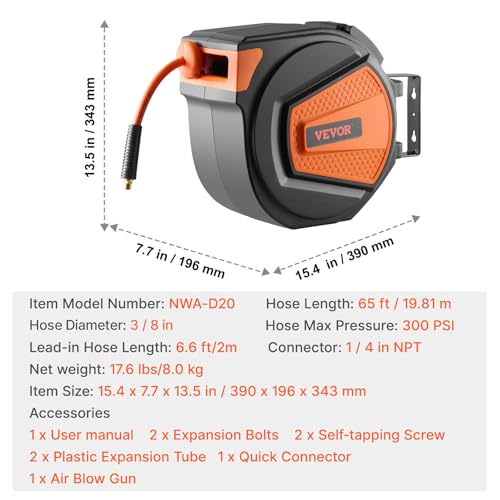 VEVOR Retractable Air Hose Reel, 3/8IN x 65FT Hybrid Air Hose Max 300PSI, Air Compressor Hose Reel Auto-Rewind with 6.6 FT Lead in, Ceiling/Wall Mount Enclosed PP Reel & Built-in 180° Swivel Bracket - size: 3/8IN x 65FT