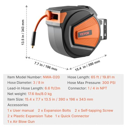 VEVOR Retractable Air Hose Reel, 3/8IN x 65FT Hybrid Air Hose Max 300PSI, Air Compressor Hose Reel Auto-Rewind with 6.6 FT Lead in, Ceiling/Wall Mount Enclosed PP Reel & Built-in 180° Swivel Bracket - size: 3/8IN x 65FT