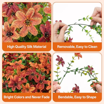 6 Pcs Artificial Hanging Mums for Outdoors, UV Resistant Fake Fall Flowers - color: Red Orange With Green Leaves