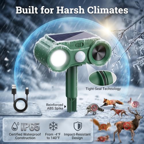 2026 Solar Ultrasonic Animal Repellent Outdoor 4 Pack Deer Squirrel Deterrent with Motion Sensor & Flashing Light, Sonic Racoon Fortress Pro Repeller to Keep Cat Rabbit Dog Out of Yard & Garden