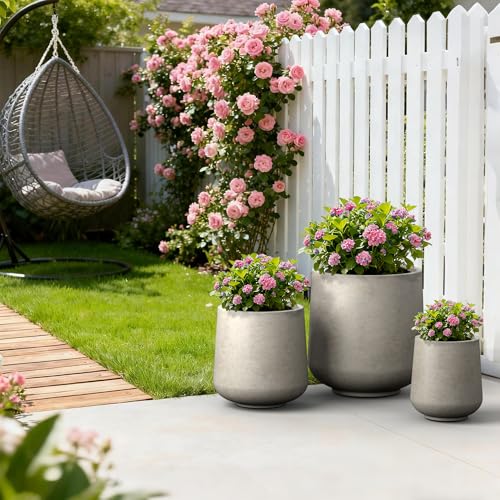 Kante Set of 3 Weathered Concrete Curved Round Planters for Modern Home - color: Buff Concrete, size: Set of 3: 15.3" + 11.6" + 8.2" D