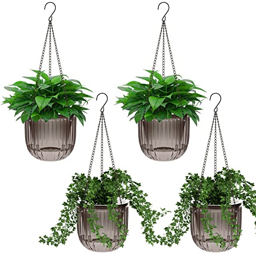 Meanplan 4 Pcs Self Watering Hanging Planter Indoor 6.5 Inch Hanging Baskets for Plants Outdoor Plastic Flower Pot with 3 Hooks Chains Drainage Holes for Garden Home, Medium Size(Gray) - color: Gray
