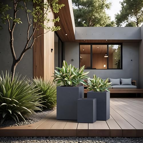 Kante Set of 3 Charcoal Concrete Tall Square Planters for Modern Home - color: Charcoal, size: 12.6",15.7"18.5" Tall
