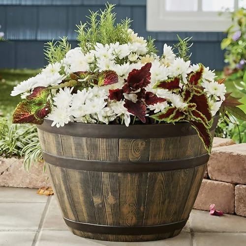 Rustic Whiskey‑Barrel‑Style Brown Resin Planter, 19.9 ix 19.9 x 13 Inch Lightweight Weather‑Resistant Flower Pot with Knock‑Out Drainage Holes for Patio Porch Garden Indoor Outdoor Use