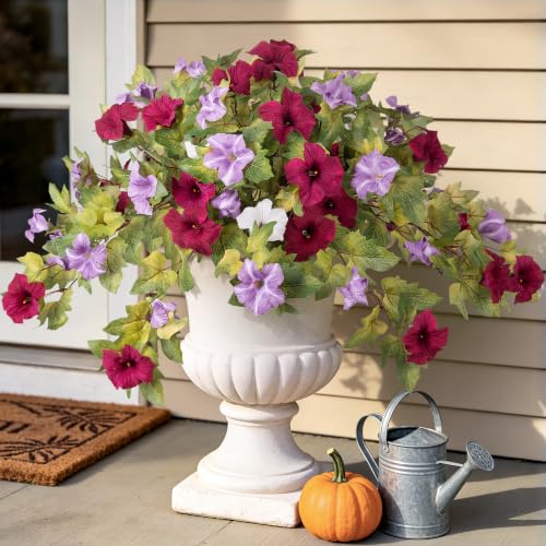 Ammyoo Artificial Fall Flowers Fake Petunias Plants for Outdoor Decoration - color: Purple Burgundy White