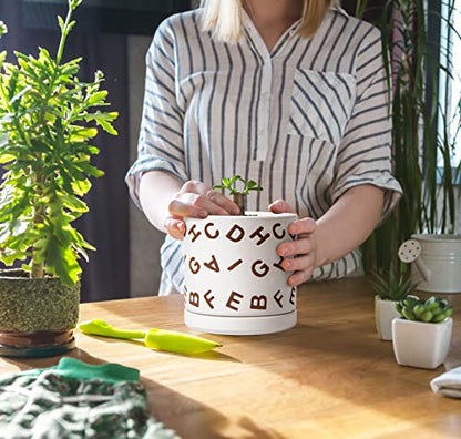 D'vine Dev Set of 2 Ceramic Planter Pots with Drainage Hole and Saucer, 6 Inch Plant Pots for Plants Indoor Houseplants, White, 99-Z-G-1-Y - size: 6", style: Letters White