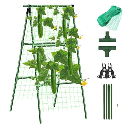 Small Size Garden Cucumber Trellis for Climbing Plants Outdoor, 47x16 inch A Frame Cucumber Trellis for Garden Raised Bed, Plant Support for Vegetable Vine Pea Bean, with Netting