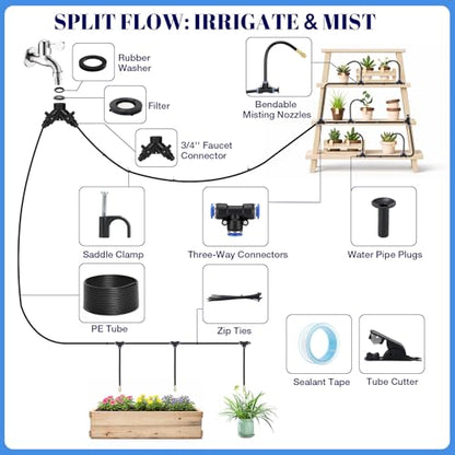 60FT Drip Irrigation Kit, 6mm Hose with Dual Outlet Splitter with Independent Valves & 15 360° Adjustable Brass Nozzles & 18 Snap-On Tees, DIY Automatic Watering for Greenhouse, Raised Beds, Garden - size: 60FT+15 Nozzles