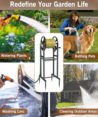 Garbuildman Ground Mount Garden Hose Reel Holds 125 Feet of 5/8-Inch with 3.9 ft Leader Hose, Brass Fitting, Water Hose Holder Stand with Storage Rack & 4 Spikes Base for Outdoor Lawn, Black - color: Black