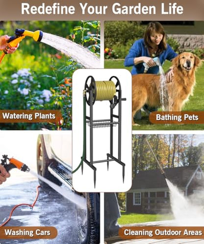 Garbuildman Ground Mount Garden Hose Reel Holds 125 Feet of 5/8-Inch with 3.9 ft Leader Hose, Brass Fitting, Water Hose Holder Stand with Storage Rack & 4 Spikes Base for Outdoor Lawn, Black - color: Black