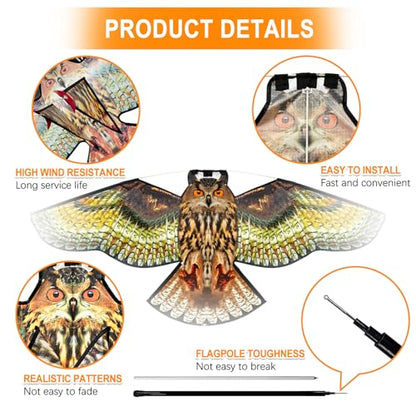 Bird Scarer Kite with 13ft Pole Bird Hawk Flying Kite-Owl Kite - color: multicoloured