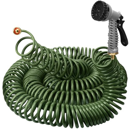 100 FT 3/8" Lightweight Coiled Garden Hose EVA Flexible with 7 Function Nozzles and Brass Connectors for Garden Watering Plants Greenhouses Patios Olive Green