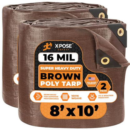 Xpose Safety Super Heavy-Duty 8' x 10' Brown Poly Tarp (2-Pack) - 16 Mil Waterproof & UV Resistant, Rip-Proof with Reinforced Edges & Grommets - color: Brown, size: 8' X 10' (2-Pack)