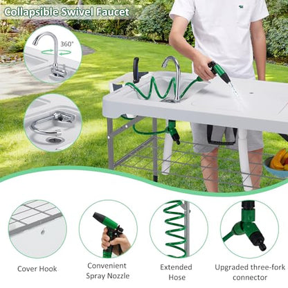 Dragosum 42" Outdoor Fish Cleaning Table with Double Sinks & 6pc Kit (Grey) - color: White & Grey, size: without Grill Extension Board