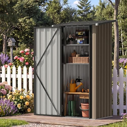 Aoxun Outdoor Storage Shed with Floor - Vertical Cabinet, 3x3 FT Metal Shed with 2 Adjustable Shelves & Lockable Doors Waterproof Tools Shed for Backyard, Garden, Patio, Lawn (Brown) - size: 3' x 3'