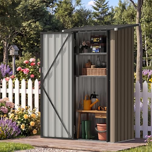Aoxun Outdoor Storage Shed with Floor - Vertical Cabinet, 3x3 FT Metal Shed with 2 Adjustable Shelves & Lockable Doors Waterproof Tools Shed for Backyard, Garden, Patio, Lawn (Brown) - size: 3' x 3'