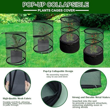 4 Pack Pop up Plant Covers Tent from Animals, 20"H X 13"D Insect Barrier Mesh Plant Guard Cover Net Black Garden Plant Protectors Mini Greenhouse Plant Protection Cage with Stakes for Outdoor Plants - color: Black