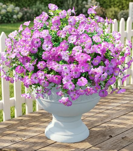 Artificial Flowers Fake Plants for Outdoors Decoration, 12 Bundles Purple Silk Morning Glory with Eucalyptus Realistic UV Resistant Faux Flowers Greenery for Outside Planter Yard Garden Home Indoor - color: Gradient Purple