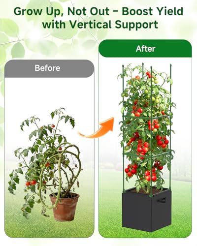 4 Pack Square Tomato Trellis Cages 55 Inch Height, with 17 Gallon Square Grow Bags (12×12in), Heavy Duty Tomato Plant Support Stakes for Outdoor Garden Climbing