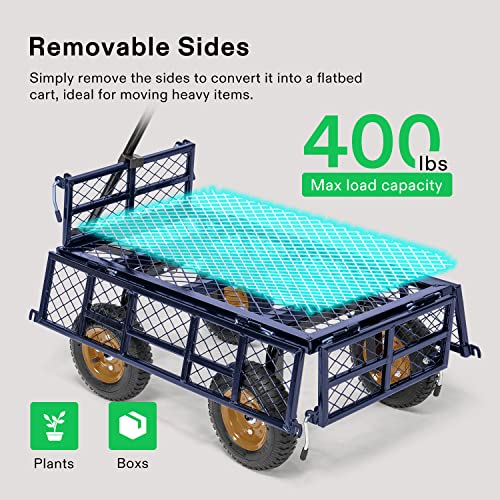 VIVOSUN Heavy-Duty Steel Garden Cart, 400-Pound Capacity, Steel Utility Garden Wagon with Removable Sides, 8" Pneumatic Tires, Liner, Cargo Net, Blue - style: Steel Garden Style