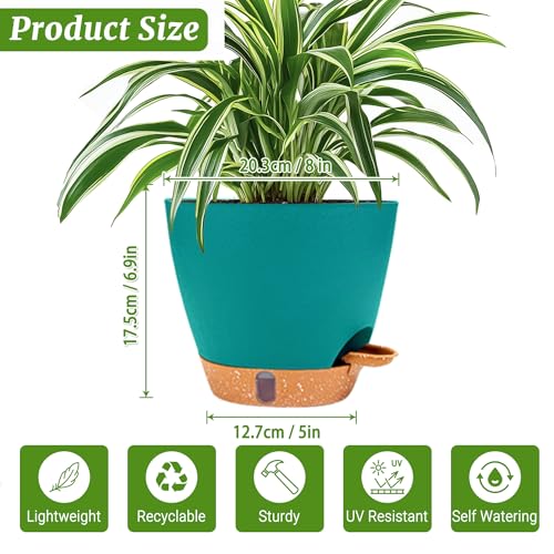 2 Pack 8 inch Plant Pots, Plastic Self Watering Planters - color: Turquoise, size: 8 inch