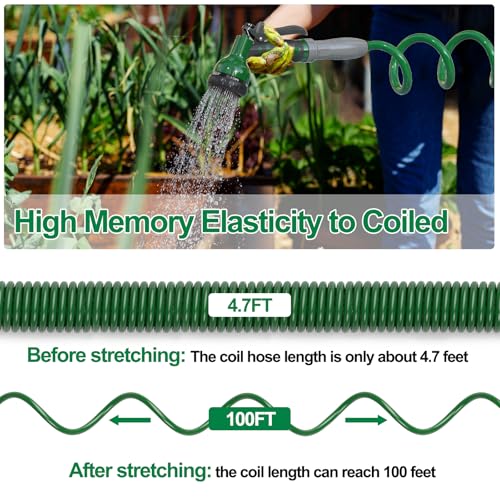 SPECILITE 3/8" Lightweight Coil Garden Hose 100 FT, EVA Flexible Water Hose - color: Green, size: 100FT