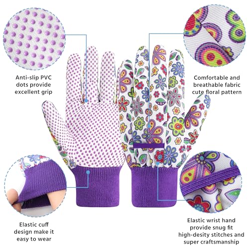 DOFOWORK Gardening Gloves, 4 Pair Floral Garden Gloves for Women with Dots - color: Purple