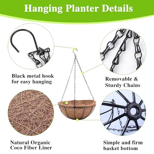 EIMQUVW Metal Hanging Planters Basket Set of 3 Hanging Flower Pots 12 Inch Chain Round Wire Plant Holder with Coco Coir Liner Garden Watering Hanging Baskets for Patio Garden Outdoor1