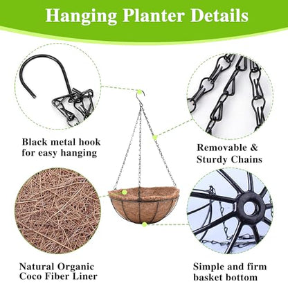 EIMQUVW Metal Hanging Planters Basket Set of 3 Hanging Flower Pots 12 Inch Chain Round Wire Plant Holder with Coco Coir Liner Garden Watering Hanging Baskets for Patio Garden Outdoor1