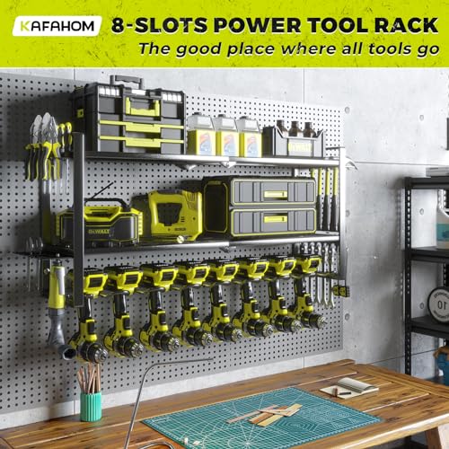 KAFAHOM Power Tool Organizer for Tool Storage, 8 Drill Holder Wall Mount, Tool Holder and Storage Rack for Garage Organization, Heavy Duty Metal Tool Shelf with Air tool/Screwdriver/Hammer Holder - color: 32inches Black, size: 4-Layer 8-Drill